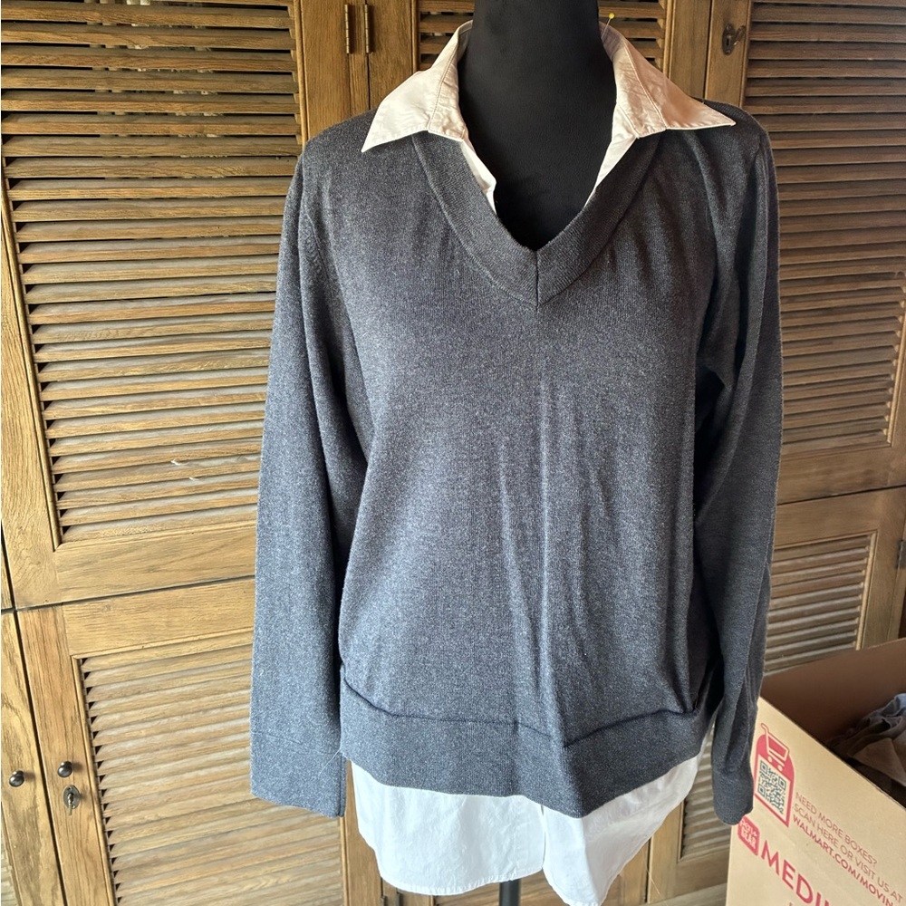 Gray V-Neck Sweater with White Collar